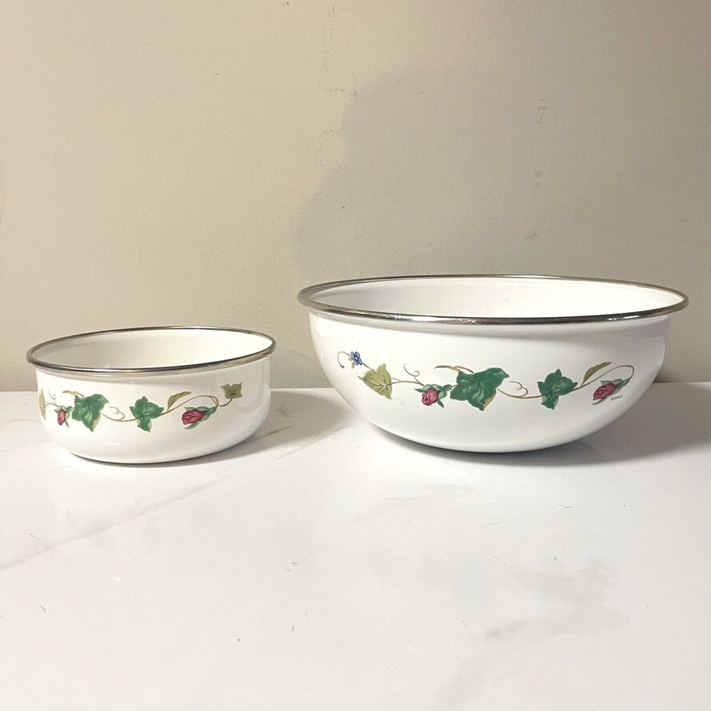 Vintage LENOX Rose Manor Green Ivy White Metal Enamelware 6" 10" Mixing Bowl Set